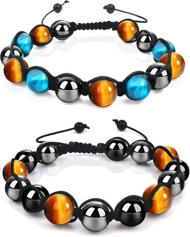 جوي بانغ سوار عين النمر للرجال والنساء - مجموعة من 2 سوار من حجر الزجاج البركاني الاسود من حجر الهيماتايت الاسود للحماية الثلاثية، سوار عين النمر الازرق الشفاء، اساور كريستال علاجية هدية الكريسماس in Kuwait