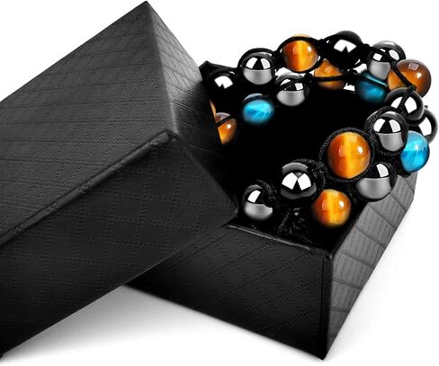 جوي بانغ سوار عين النمر للرجال والنساء - مجموعة من 2 سوار من حجر الزجاج البركاني الاسود من حجر الهيماتايت الاسود للحماية الثلاثية، سوار عين النمر الازرق الشفاء، اساور كريستال علاجية هدية الكريسماس in Kuwait