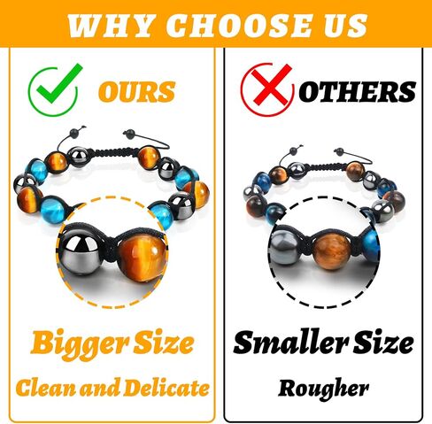 جوي بانغ سوار عين النمر للرجال والنساء - مجموعة من 2 سوار من حجر الزجاج البركاني الاسود من حجر الهيماتايت الاسود للحماية الثلاثية، سوار عين النمر الازرق الشفاء، اساور كريستال علاجية هدية الكريسماس in Kuwait