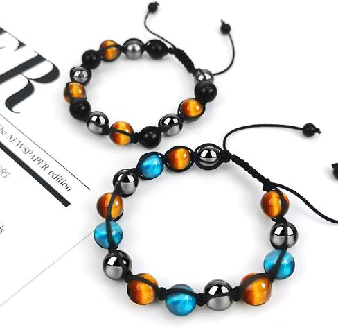 جوي بانغ سوار عين النمر للرجال والنساء - مجموعة من 2 سوار من حجر الزجاج البركاني الاسود من حجر الهيماتايت الاسود للحماية الثلاثية، سوار عين النمر الازرق الشفاء، اساور كريستال علاجية هدية الكريسماس in Kuwait