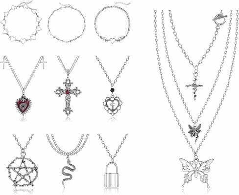 helicopchain 12pcs الجرونج القوطية القلائد مجموعة للنساء المراهقات القوطي Y2K الشرير الشوك الصليب الأفعى الملاك فراشة الخماسي القلب قفل قلادة المختنق قلادة الجرونج مجوهرات اكسسوارات in Kuwait