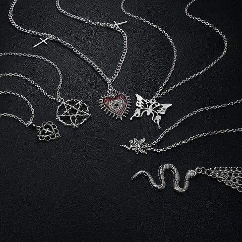 helicopchain 12pcs الجرونج القوطية القلائد مجموعة للنساء المراهقات القوطي Y2K الشرير الشوك الصليب الأفعى الملاك فراشة الخماسي القلب قفل قلادة المختنق قلادة الجرونج مجوهرات اكسسوارات in Kuwait