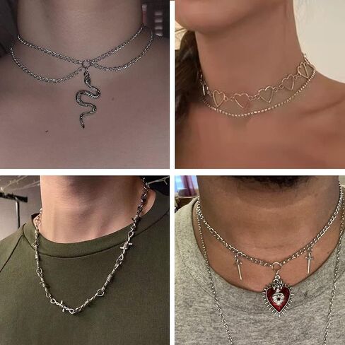 helicopchain 12pcs الجرونج القوطية القلائد مجموعة للنساء المراهقات القوطي Y2K الشرير الشوك الصليب الأفعى الملاك فراشة الخماسي القلب قفل قلادة المختنق قلادة الجرونج مجوهرات اكسسوارات in Kuwait