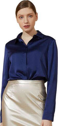 Escalier Women's Silk Blouse Long Sleeve Satin Button Down Shirt Casual Work Office Silky Blouse Top in Saudi Arabia