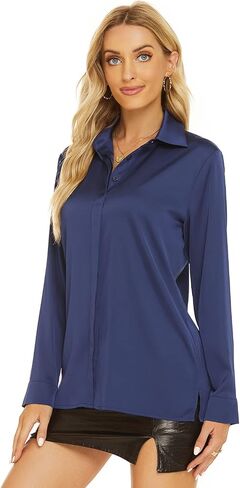 Escalier Women's Silk Blouse Long Sleeve Satin Button Down Shirt Casual Work Office Silky Blouse Top in Saudi Arabia