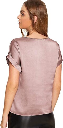 Floerns Women's Casual Solid Rolled Cap Short Sleeve Satin Silk Blouse Tops in Kuwait