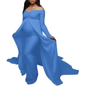 فستان حمل انيق للنساء الحوامل باكمام طويلة وقبة V وقصة ضيقة من الشيفون لالتقاط الصور in Kuwait