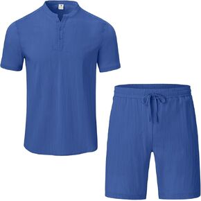 BGOWATU Men's 2 Piece Outfits Short Sleeve Henley Shirts and Shorts Sets Summer Beach Suits in Kuwait