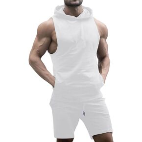 TURETRENDY Men's Tracksuit 2 Piece Sleeveless Hooded Workout Tank Top and Shorts Casual Athletic Sports Hoodie Shorts Set