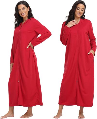 رداء نسائي من Laurel Snow بسحاب مع قلنسوة طويل، رداء حمام كامل الطول، ثوب نوم ناعم مع جيوب in Kuwait