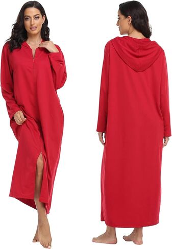 رداء نسائي من Laurel Snow بسحاب مع قلنسوة طويل، رداء حمام كامل الطول، ثوب نوم ناعم مع جيوب in Kuwait