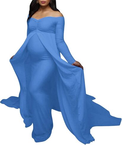 فستان حمل انيق للنساء الحوامل باكمام طويلة وقبة V وقصة ضيقة من الشيفون لالتقاط الصور in Kuwait