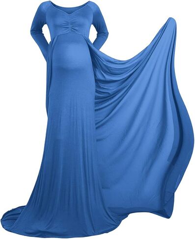 فستان حمل انيق للنساء الحوامل باكمام طويلة وقبة V وقصة ضيقة من الشيفون لالتقاط الصور in Kuwait