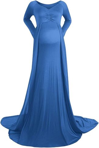 فستان حمل انيق للنساء الحوامل باكمام طويلة وقبة V وقصة ضيقة من الشيفون لالتقاط الصور in Kuwait