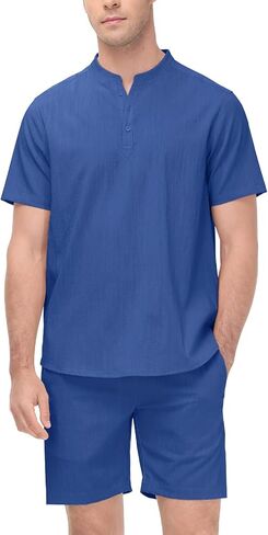 BGOWATU ملابس رجالية مكونة من قطعتين بأكمام قصيرة وقمصان وسروال قصير من Henley أطقم بدلات صيفية للشاطئ in Kuwait