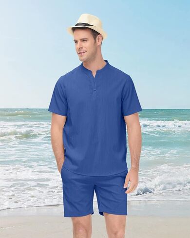 BGOWATU ملابس رجالية مكونة من قطعتين بأكمام قصيرة وقمصان وسروال قصير من Henley أطقم بدلات صيفية للشاطئ in Kuwait