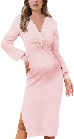 Virmoku للنساء فستان الأمومة سترة للرضاعة بأكمام طويلة ورقبة على شكل حرف V وفتحة جانبية وبوديكون لالتقاط الصور أثناء الحمل باللون الوردي in Kuwait