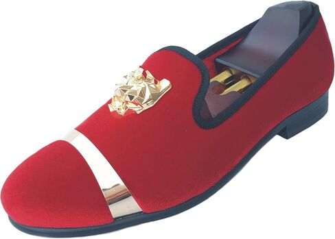 Justar Men's Velvet Loafers Slip-on Dress Shoes with Gold Buckle Penny Loafer Red Slippers Flats in Kuwait