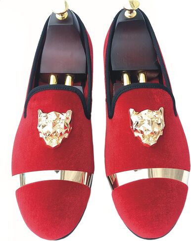 Justar Men's Velvet Loafers Slip-on Dress Shoes with Gold Buckle Penny Loafer Red Slippers Flats in Kuwait