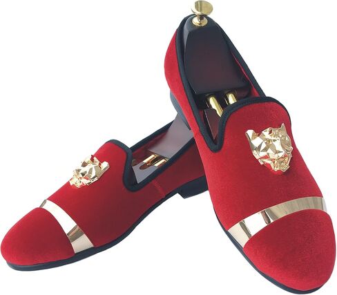 Justar Men's Velvet Loafers Slip-on Dress Shoes with Gold Buckle Penny Loafer Red Slippers Flats in Kuwait