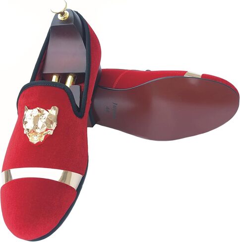 Justar Men's Velvet Loafers Slip-on Dress Shoes with Gold Buckle Penny Loafer Red Slippers Flats in Kuwait