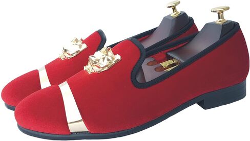 Justar Men's Velvet Loafers Slip-on Dress Shoes with Gold Buckle Penny Loafer Red Slippers Flats in Kuwait