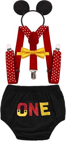 FMYFWY Baby Boys 1st Birthday Outfits Cake Smash Photo Props 4Pcs Clothes Set ONE Bloomers Suspenders Bowtie Headband in Saudi Arabia