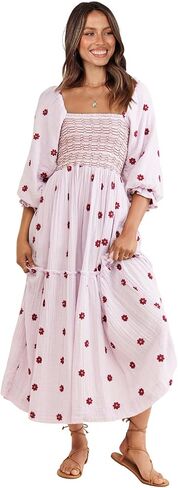 Shy Velvet Women's Fall Winter Dresses 2024 Maxi Dress Long Sleeve Square Neck Embroidered Maxi Dress in Kuwait