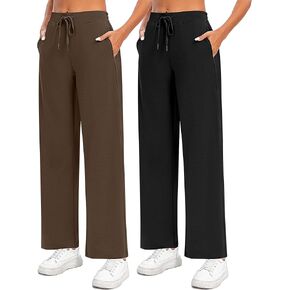 Locoowai 2 Pack Women Casual Wide Leg Sweatpants Drawstring Waist Baggy Joggers Loose Yoga Pants with Pockets