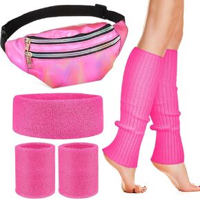 AGFELO Leg Warmers Women Set 80s Neon Pink Holographic Fanny Pack Knit Leg Warmers Headband Wrist Bands for Yoga Running Hiking Sports in Kuwait