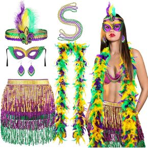 Silicherry 6 Pcs Mardi Gras Costume Accessory Set, Include Sequins Wrap Skirt Faux Feather Headband Beads Necklaces Mardi Gras Mask Feather Boas Layer Leaf Dangle Earrings for Women Girls Party Favors in Saudi Arabia