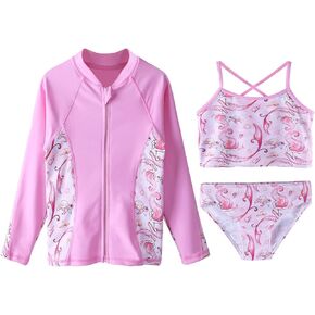 ZNYUNE طقم ملابس سباحة مكون من 3 قطع للفتيات من ZNYUNE بعامل حماية من الطفح الجلدي 50+ سترة واقية من الأشعة فوق البنفسجية لركوب الأمواج + بيكيني + سفلي بدلة استحمام صيفية للشاطئ للأطفال in Kuwait