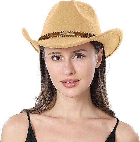 قبعة راعية البقر الكلاسيكية، قبعات رعاة البقر الغربية مع مشبك، قبعات واسعة الحواف من اللباد البقرة والأولاد فيدورا بنما للنساء in Kuwait
