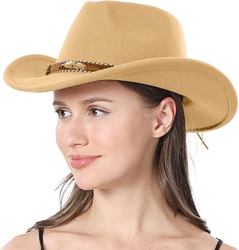 قبعة راعية البقر الكلاسيكية، قبعات رعاة البقر الغربية مع مشبك، قبعات واسعة الحواف من اللباد البقرة والأولاد فيدورا بنما للنساء in Kuwait
