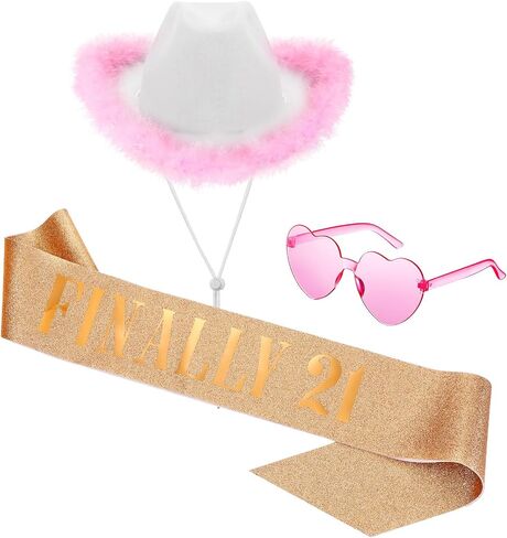 Liitrsh 3 Pcs 21st Birthday Decorations for Her Include Cowboy Hat with Feathers, Heart Shape Sunglasses and Finally 21 Birthday Sash, 21st Birthday Gifts for Women Party Dress Up in Saudi Arabia
