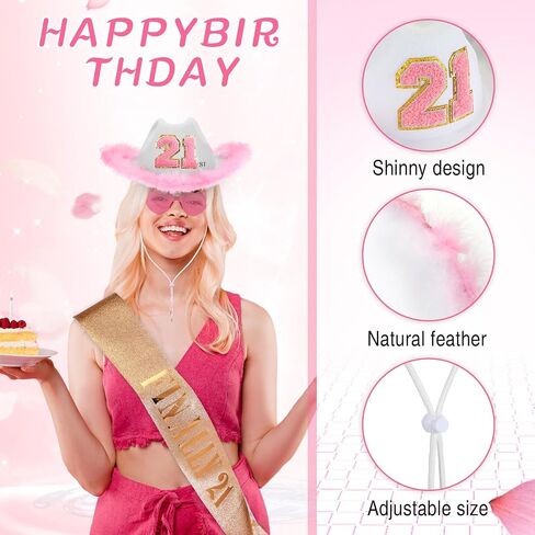 Liitrsh 3 Pcs 21st Birthday Decorations for Her Include Cowboy Hat with Feathers, Heart Shape Sunglasses and Finally 21 Birthday Sash, 21st Birthday Gifts for Women Party Dress Up in Saudi Arabia