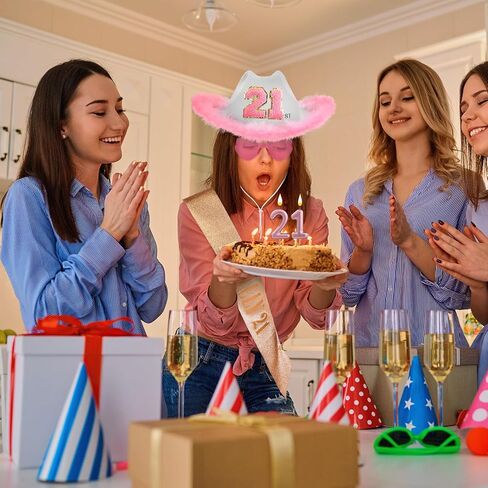 Liitrsh 3 Pcs 21st Birthday Decorations for Her Include Cowboy Hat with Feathers, Heart Shape Sunglasses and Finally 21 Birthday Sash, 21st Birthday Gifts for Women Party Dress Up in Saudi Arabia