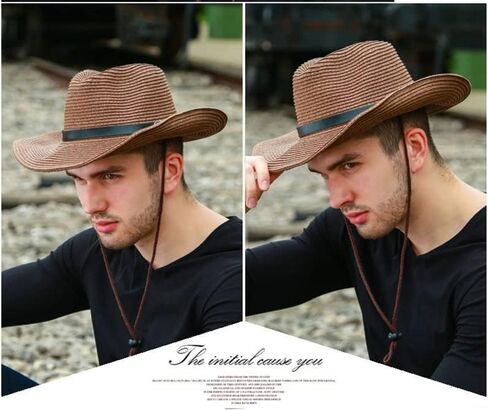 Straw Cowboy Hat for Men Women Wide Brim Sun Hat Cowgirl Panama Hat with Chin Strap Sombrero UV Protection Travel Outdoor Hat in Saudi Arabia
