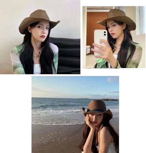 Straw Cowboy Hat for Men Women Wide Brim Sun Hat Cowgirl Panama Hat with Chin Strap Sombrero UV Protection Travel Outdoor Hat in Saudi Arabia