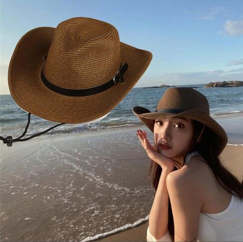 Straw Cowboy Hat for Men Women Wide Brim Sun Hat Cowgirl Panama Hat with Chin Strap Sombrero UV Protection Travel Outdoor Hat in Saudi Arabia