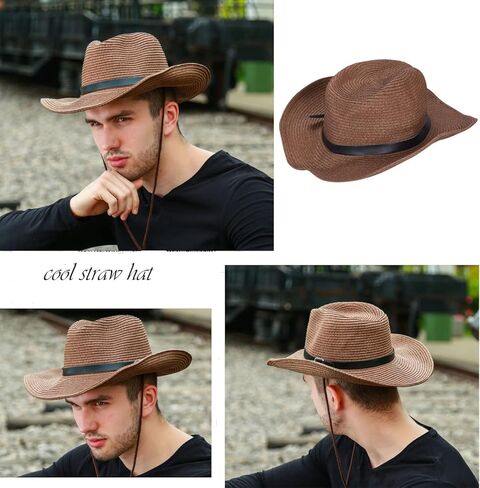 Straw Cowboy Hat for Men Women Wide Brim Sun Hat Cowgirl Panama Hat with Chin Strap Sombrero UV Protection Travel Outdoor Hat in Saudi Arabia