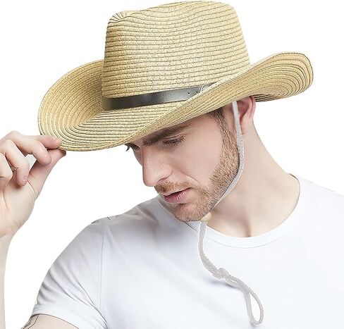 Straw Cowboy Hat for Men Women Wide Brim Sun Hat Cowgirl Panama Hat with Chin Strap Sombrero UV Protection Travel Outdoor Hat in Saudi Arabia