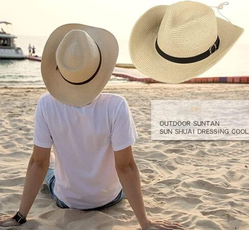 Straw Cowboy Hat for Men Women Wide Brim Sun Hat Cowgirl Panama Hat with Chin Strap Sombrero UV Protection Travel Outdoor Hat in Saudi Arabia
