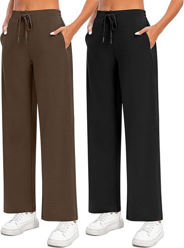 Locoowai 2 قطعة سراويل رياضية نسائية كاجوال واسعة الساق برباط الخصر فضفاضة للركض سراويل يوجا فضفاضة مع جيوب in Kuwait