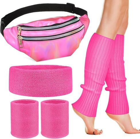 AGFELO Leg Warmers Women Set 80s Neon Pink Holographic Fanny Pack Knit Leg Warmers Headband Wrist Bands for Yoga Running Hiking Sports in Kuwait