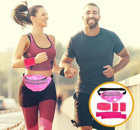 AGFELO Leg Warmers Women Set 80s Neon Pink Holographic Fanny Pack Knit Leg Warmers Headband Wrist Bands for Yoga Running Hiking Sports in Kuwait