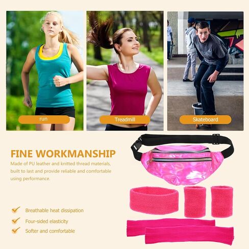 AGFELO Leg Warmers Women Set 80s Neon Pink Holographic Fanny Pack Knit Leg Warmers Headband Wrist Bands for Yoga Running Hiking Sports in Kuwait