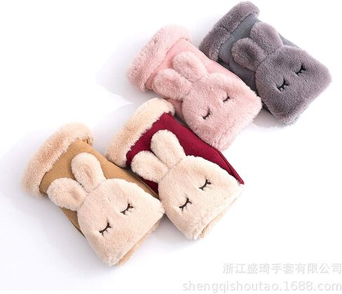 Sherry Flip Half Finger Mittens Girls Winter Warm Suede Gloves Cute Rabbit Fleece Lining Fingerless Gloves in Saudi Arabia