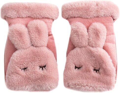 Sherry Flip Half Finger Mittens Girls Winter Warm Suede Gloves Cute Rabbit Fleece Lining Fingerless Gloves in Saudi Arabia