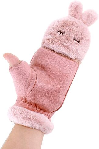 Sherry Flip Half Finger Mittens Girls Winter Warm Suede Gloves Cute Rabbit Fleece Lining Fingerless Gloves in Saudi Arabia